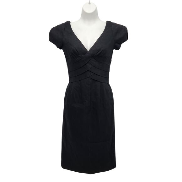 Rebecca Taylor Cross Front V Neck Pencil Formal Black Wool Linen Dress Women's 2 - Picture 1 of 12